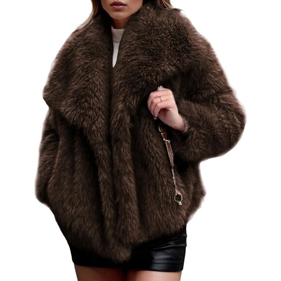 Jackets & Blazers - Womens Coffee Faux Fur Coat Shaggy Fluffy Jacket Long Sleeve Warm Winter Outwear